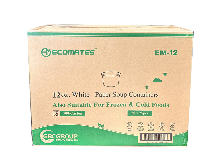 EM-12     12oz Plain White Paper Containers (25 x 20 )  500/CS