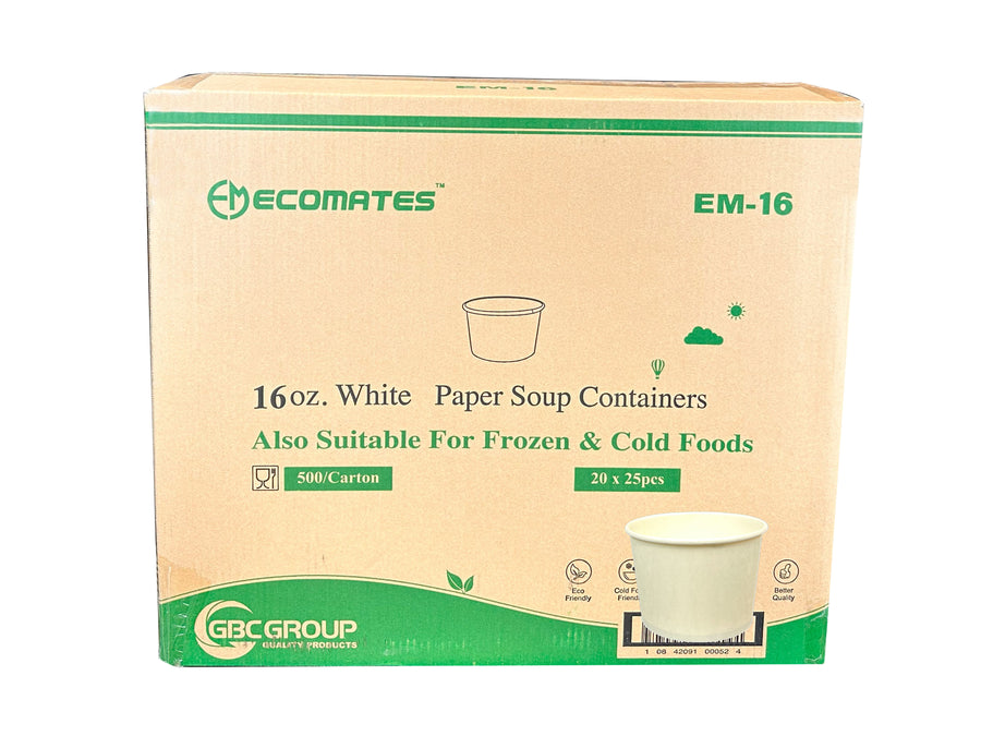 EM-16     16oz Plain White Paper Containers  ( 25 x 20 )   500/CS