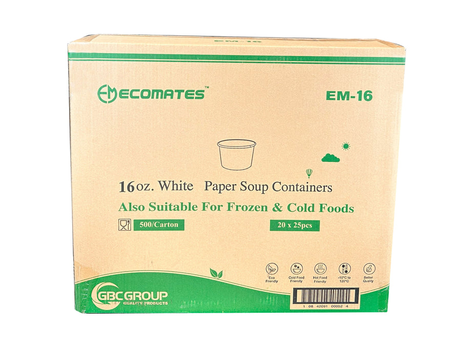 EM-16     16oz Plain White Paper Containers  ( 25 x 20 )   500/CS