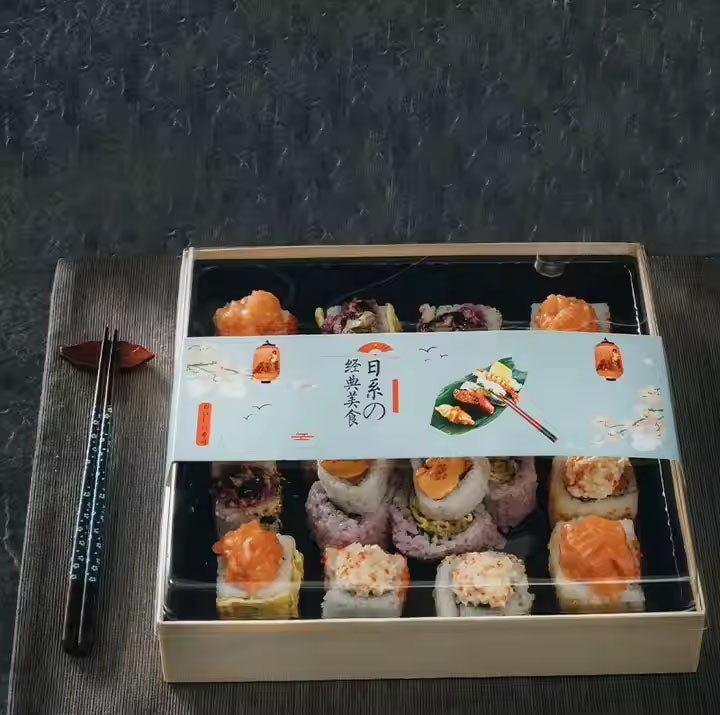 F-270A 270mm x 270mm x50mm Wooden Sushi Boxes.100Sets