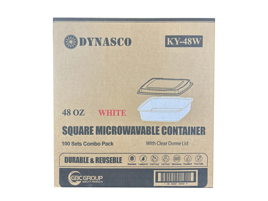 KY-48W  48oz White Square Microwavable Container with Lid - 100/Case